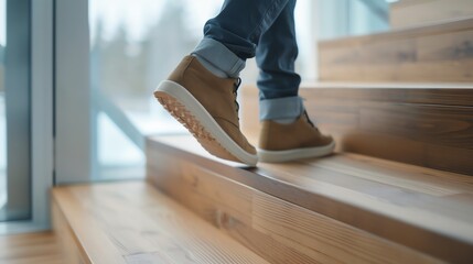 Close-up of person walking up wooden stairs with brown boots and rolled-up jeans, inside a modern,...