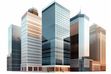 Modern city skyscrapers with reflective glass windows. Urban architecture, corporate buildings, and office towers against a white background.