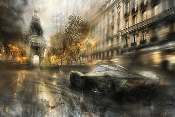 Fototapeta premium A dynamic oil painting showcasing a sleek, light grey car speeding down a city street at night. The scene is filled with motion blur and vibrant streaks of light from street lamps