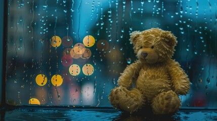 Teddy bear on a window with rainy outside. Loneliness. calm