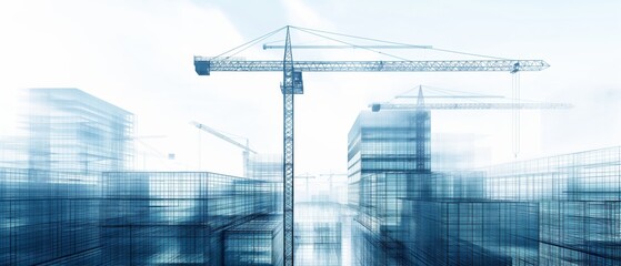 Abstract motion blur of urban skyscrapers under construction with cranes in a cityscape, symbolizing rapid urban development.