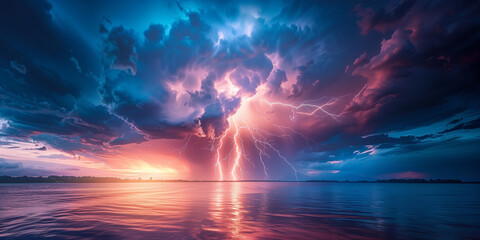 Colorful Lightning Storm over Ocean at Sunset with Reflections