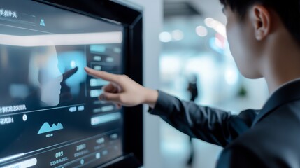Professional using a touchscreen interface for data analysis in a modern office environment. Focus on innovative technology and business solutions.