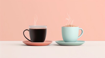 Two steaming coffee mugs, one black and one teal, on pink and white background, a perfect representation of morning coffee.