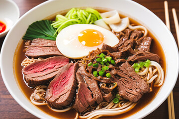Fototapeta premium Closeup of Beef Noodle Soup With Cucumber and Green Onion