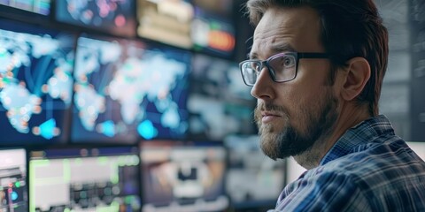 Fototapeta premium Thoughtful it professional wearing glasses looking at multiple computer screens.