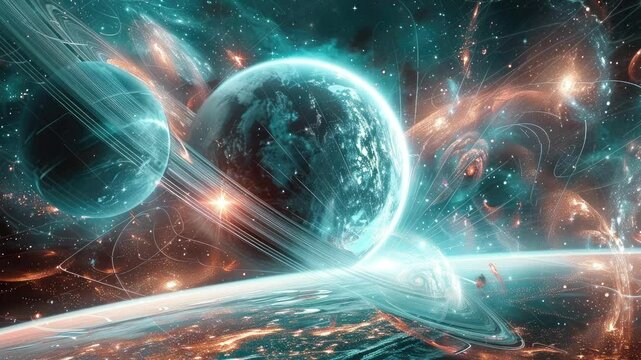 Futuristic space landscape with glowing particle trails