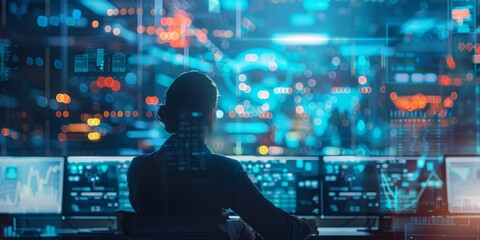A man in a dark suit sits at a control panel with a futuristic interface.