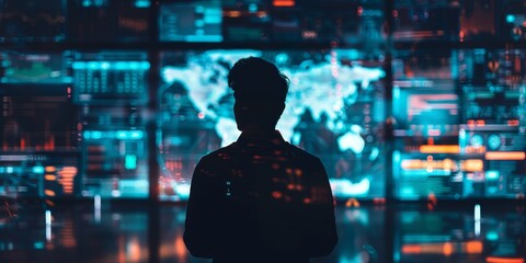 Obraz premium A man standing in front of a large screen with a map of the world