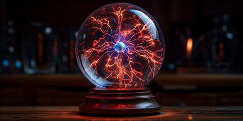 Plasma Globe with Red & Blue Electric Streams in Dark Room