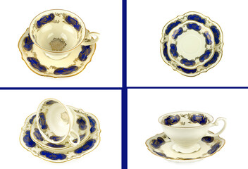 Vintage porcelain tableware, cups, saucers, plates isolated on white. Collage.