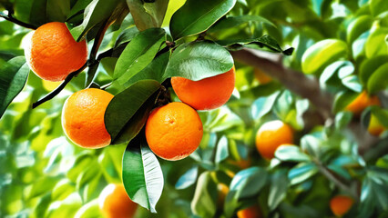 Ripe orange fruits on orange tree between lush foliage, view from below, 16:9 with copyspace, 300 dpi