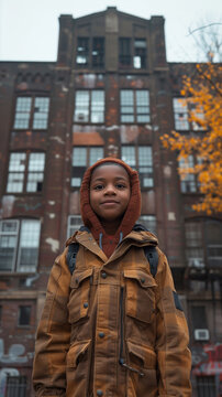 An elementary school student stands outside a boarding elementary school dormitory building and smiles for the camera,Full Length Shot(FLS),photoreal stlyle,Long Shot(LS)