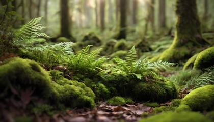 Obraz premium Lush Forest Scene with Ferns and Moss Under Soft Sunlight