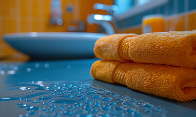 Two yellow towels on a blue surface.