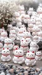 A close-up shot of several white ceramic Maneki-Neko cats with red collars and bells, displayed in a row
