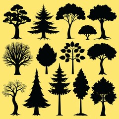 A set of 20 highly detailed silhouettes of trees in various shapes