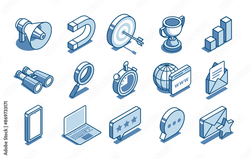 Wall mural isometric vector set of linear icons on the theme of business and marketing, in color on a white bac