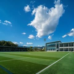 Fototapeta premium Teaching building and football field, blue sky, white clouds, head up view, close-up, better quality, 8K 