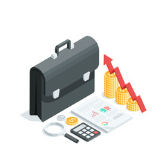 isometric vector portfolio and chart from coins with an arrow up and statistics printed on a sheet of paper, in color on a white background, business analytics and statistics