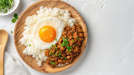 A close-up shot of a plate of white rice topped with ground pork, a fried egg, and green onions