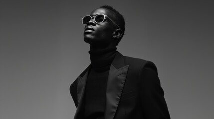 black man in black clothes on a monochrome background. Black and white photo - Portrait of a serious young afro american man dressed in all black on a minimalistic background