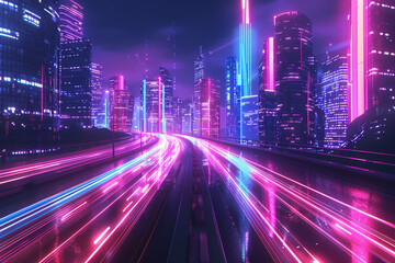 Fototapeta premium Abstract background of a city with light streaks and a speed effect on the road, with futuristic neon colors. Digital technology concept
