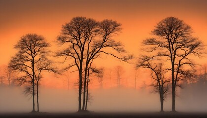 Misty Sunrise with Bare Trees Silhouetted Against an Orange Sky