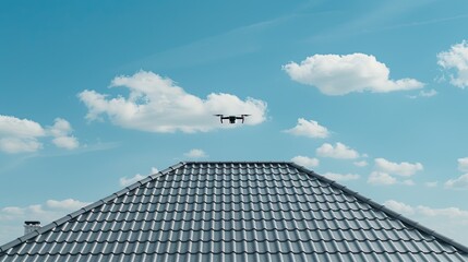 A white drone flies in the blue sky above a roof with gray tiles on a sunny day