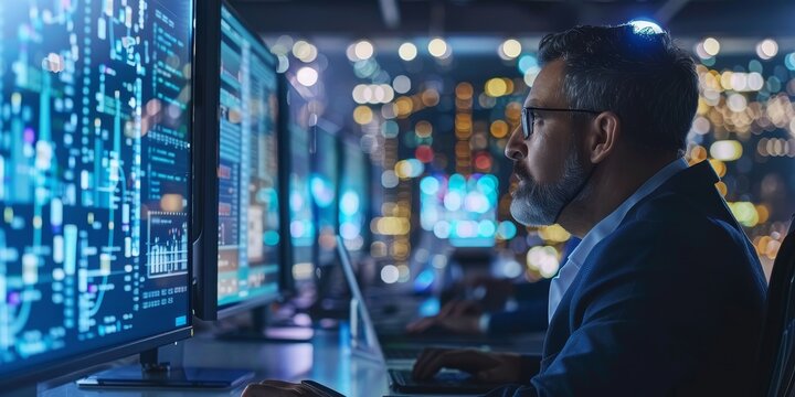 Focused indian male software developer working late at night in the office writing code on multiple computer screens.