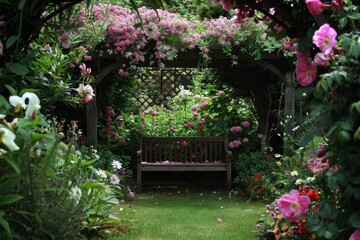 Naklejka premium Beautiful Garden Oasis with Wooden Bench Surrounded by Flowers and Greenery - Ideal for Relaxation