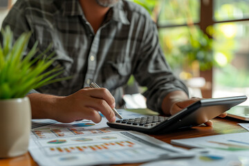 Close-up of a financial analyst's hands working on a calculator while reviewing graphs and charts on statistical reports.