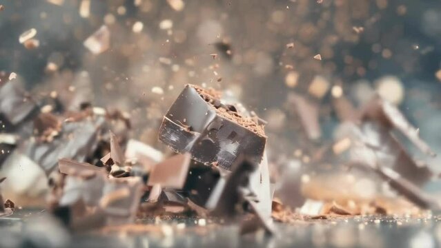 Close-up of dark chocolate cubes falling through golden, sparkling particles. Captured mid-air, conveying a dramatic and rich mood. Background blurred for focus.