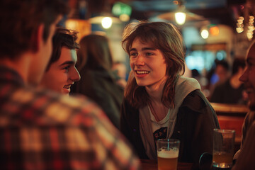Group of young friends sharing a laugh and enjoying their time together at a cozy bar with drinks.
