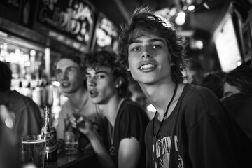 Group of young friends sharing a laugh and enjoying their time together at a cozy bar with drinks.