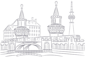 Vector drawing of the old brick Oberbaum Bridge in Berlin isolated on a white background.