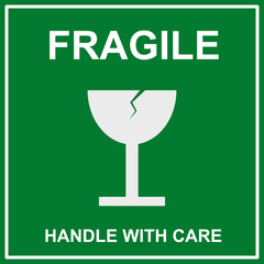 sticker fragile handle with care, green fragile warning label, fragile label with broken glass symbol, vector