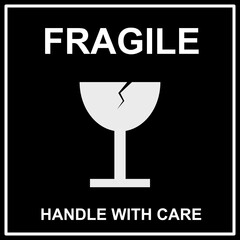 sticker fragile handle with care, black fragile warning label, fragile label with broken glass symbol, vector