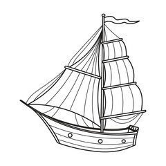 Sailboat Vector illustration. Linear Drawing of sailing ship for Baby coloring books. Sketch of Boat or Yacht for childish design in nautical style. Line art of Sailer on isolated background.
