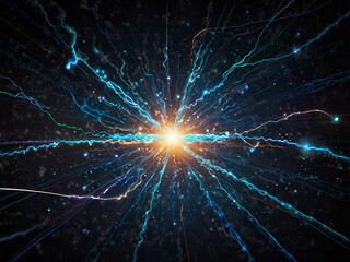 Fototapeta premium electrons of electricity flowing through space against a dark background.