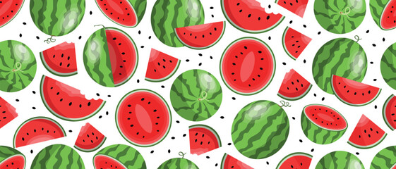Vector watermelon seamless pattern. Fresh watermelon slices pattern with seeds. Summer fresh fruits texture on white background. Can be used as wallpaper, background, card or banner, website or print 