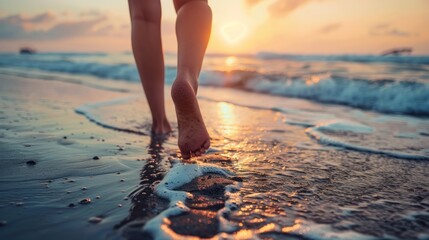 Walking on sunshine beach sunset bliss. Woman walking barefoot on sandy beach at sunset, enjoying peaceful moment by the ocean.