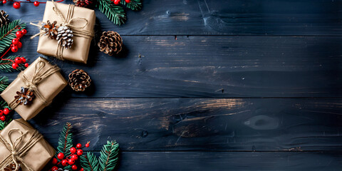 Fondo navide&ntilde;o con adornos navide&ntilde;os, regalos y pi&ntilde;as sobre una mesa de madera negra. Espacio plano de vista superior para texto o decoraci&oacute;n.