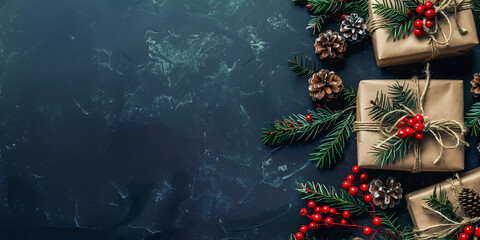Fondo navide&ntilde;o con adornos navide&ntilde;os, regalos y pi&ntilde;as sobre una mesa de madera negra. Espacio plano de vista superior para texto o decoraci&oacute;n.
