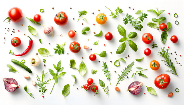 A neatly arranged fresh and herbs vegetables on top view for background on a white background, Generative AI