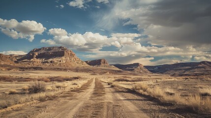 Naklejka premium Desert dirt road to the mountains. A long dirt road heads towards the mountains on a partly cloudy day