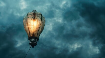 Obraz premium Lightbulb hot air balloon in stormy sky. A glowing lightbulb shaped hot air balloon against a dramatic stormy sky, symbolizing hope, resilience, and innovation.