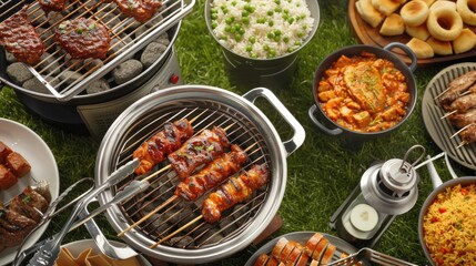 A rustic table setting with various dishes, including mushroom soup, rice, and meat, all served on a bed of green grass