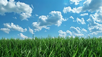 Fototapeta premium Lush green grass under blue sky. Vibrant green grass field under a bright blue sky with fluffy white clouds, a perfect image of summer and serenity.