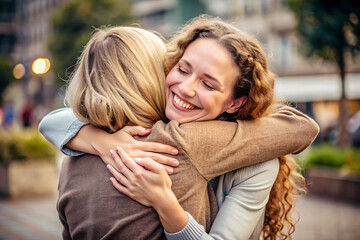 Fototapeta premium A genuine emotional connection as well as a sincere hug friend after a long time